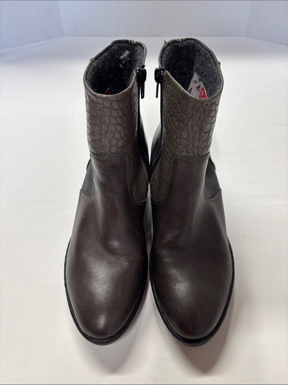 Gorgeous Rieker Brown and Bronze Leather Ankle Booties with Croc-Textured Shaft
